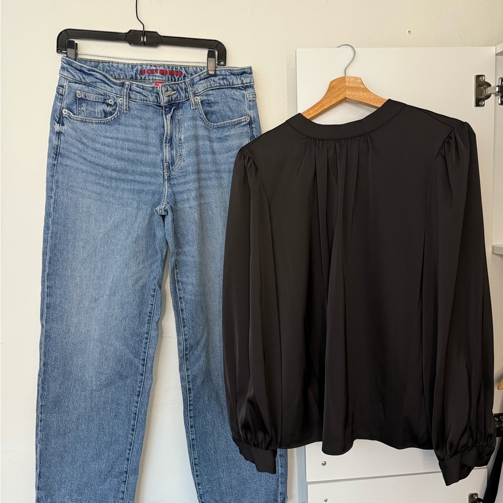 Sold as a set. Lucky Brand Denim Jeans with black silk blouse by Calvin Klein